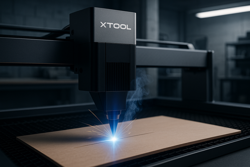 create a cover image for the laser engraving department. Make it an image of an xtool laser machine in action
