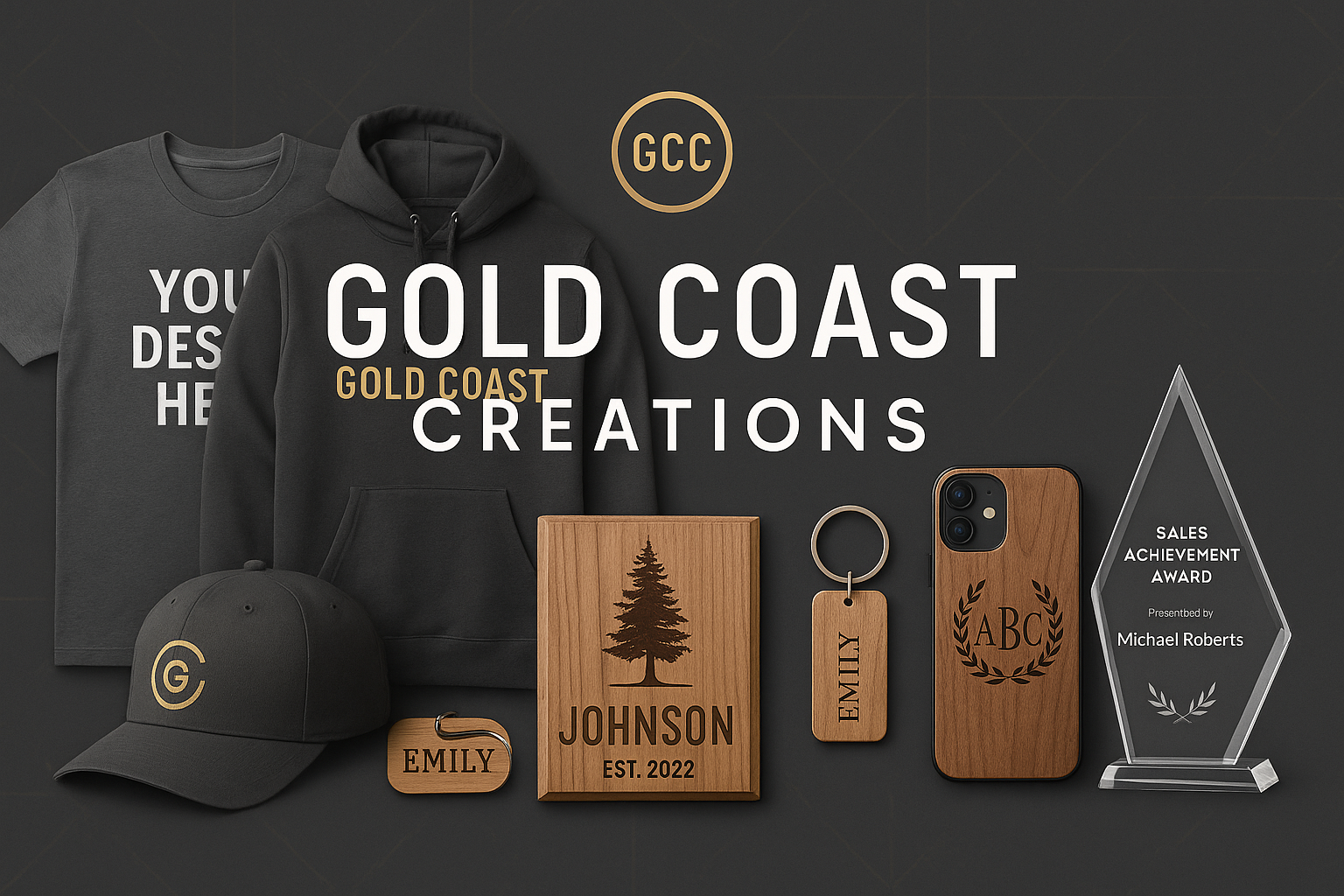 create me a banner for the bottom of my homepage that displays some simple apparel products and laser engraved products from my business GCC