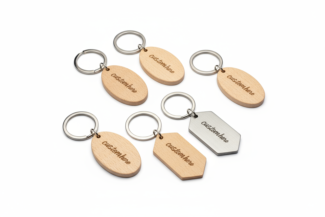its both wood and metal keychains with the shape of a oval or elongated hexagon only. writing should just say "custom here"